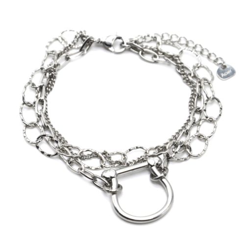 Bracelet-Triple-Chaines-Maillons-avec-Fer-a-Cheval-Acier-Argente