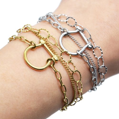 Bracelet-Triple-Chaines-Maillons-avec-Fer-a-Cheval-Acier