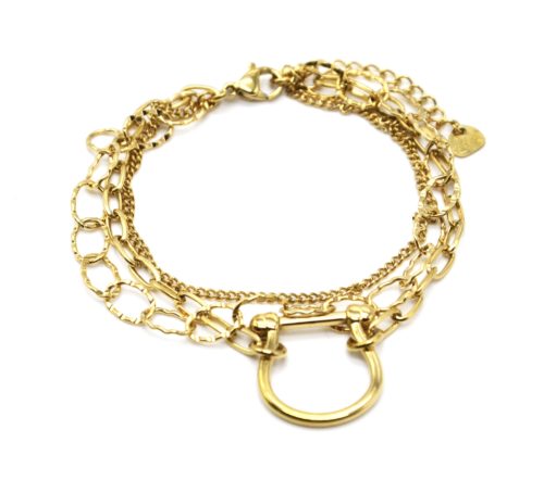 Bracelet-Triple-Chaines-Maillons-avec-Fer-a-Cheval-Acier-Dore