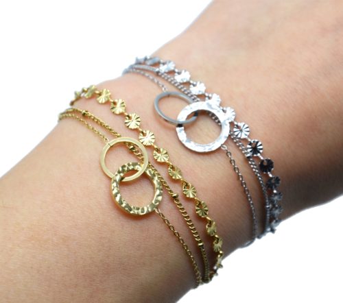 Bracelet-Triple-Chaines-Medailles-Rayons-Billes-et-Cercles-Entrelaces-Acier