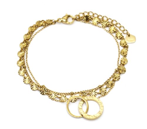 Bracelet-Triple-Chaines-Medailles-Rayons-Billes-et-Cercles-Entrelaces-Acier-Dore