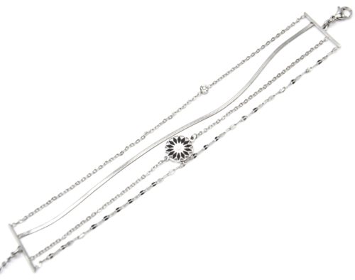 Bracelet-Multi-Chaines-Maillons-Serpentine-Acier-Argente-et-Rosace-Email-Noir