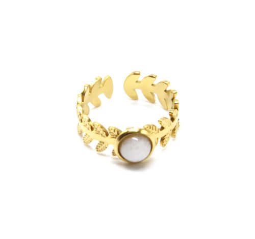 Bague-Anneau-Couronne-Epi-de-Ble-Acier-Dore-et-Pierre-Blanche