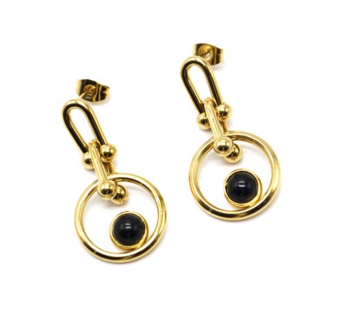 Boucles-dOreilles-Maillons-Cercle-Acier-Dore-et-Pierre-Noire