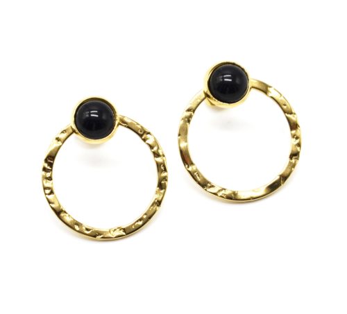 Boucles-dOreilles-Pierre-Noire-et-Cercle-Contour-Martele-Acier-Dore