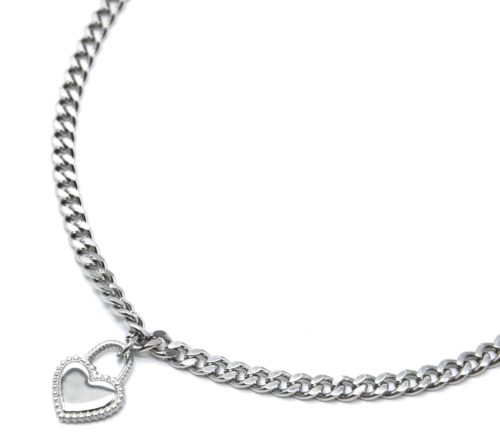 Collier-Chaine-Maillons-Pendentif-Cadenas-Coeur-Acier-Argente