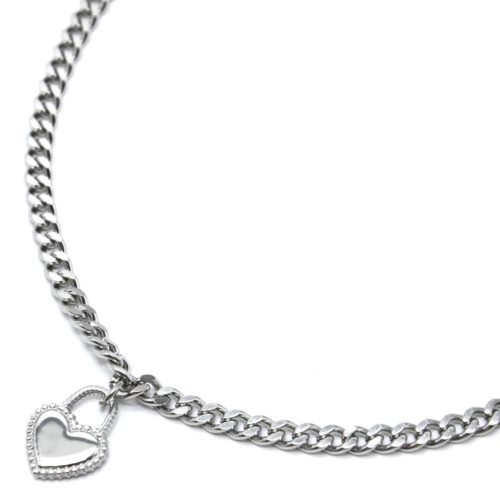 Collier-Chaine-Maillons-Pendentif-Cadenas-Coeur-Acier-Argente