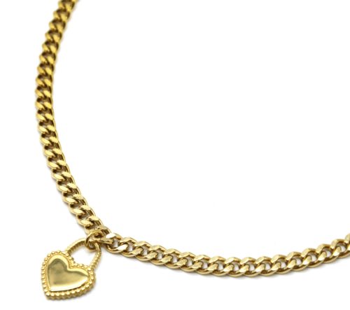 Collier-Chaine-Maillons-Pendentif-Cadenas-Coeur-Acier-Dore