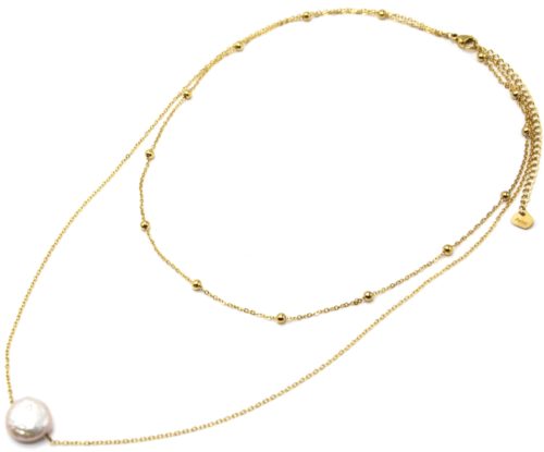 Collier-Double-Chaines-Billes-Acier-Dore-et-Perle-dEau-Douce