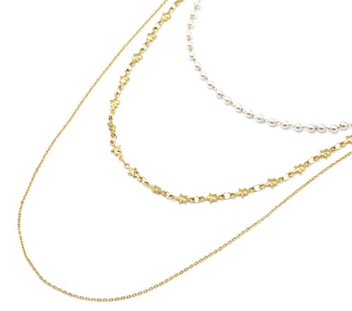 Collier-Triple-Chaines-Etoiles-Acier-Dore-et-Mini-Perles-Blanches