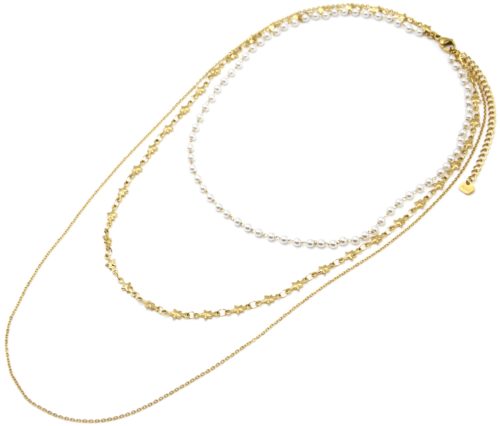 Collier-Triple-Chaines-Etoiles-Acier-Dore-et-Mini-Perles-Blanches