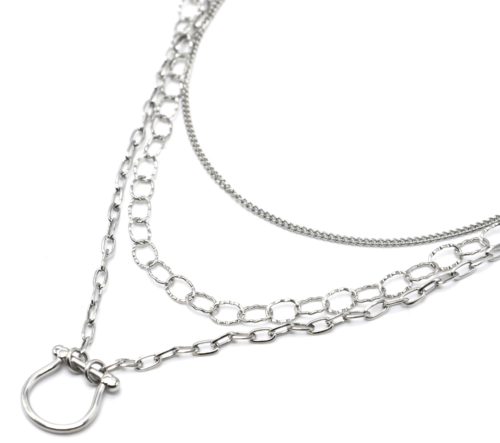 Collier-Triple-Chaines-Maillons-avec-Fer-a-Cheval-Acier-Argente