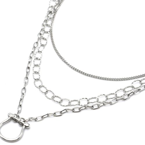 Collier-Triple-Chaines-Maillons-avec-Fer-a-Cheval-Acier-Argente