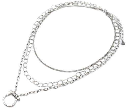 Collier-Triple-Chaines-Maillons-avec-Fer-a-Cheval-Acier-Argente