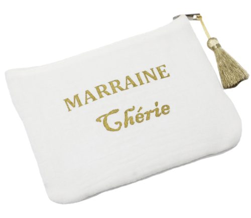 Trousse-Pochette-Coton-Blanc-Message-Marraine-Cherie-Pompon-Dore