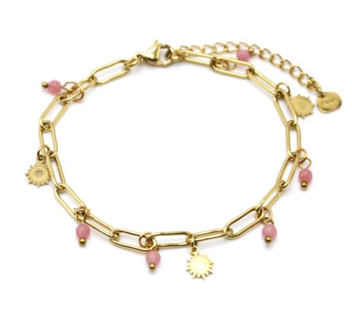 Bracelet-Chaine-Maillons-avec-Soleils-Acier-Dore-et-Pierres-Roses