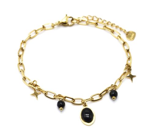 Bracelet-Chaine-Maillons-avec-Etoiles-Acier-Dore-Perles-et-Pierre-Ovale-Noire