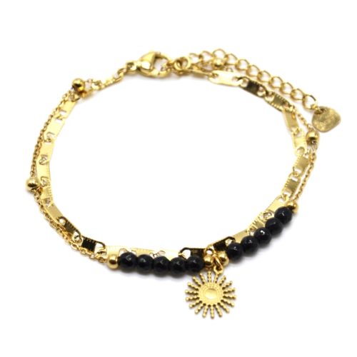 Bracelet-Double-Chaines-Maillons-Plats-Billes-avec-Soleil-Acier-Dore-et-Pierres-Noires