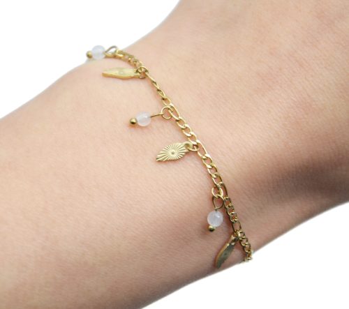 Bracelet-Chaine-Feuilles-Rayons-Acier-Dore-et-Pierres-Blanches