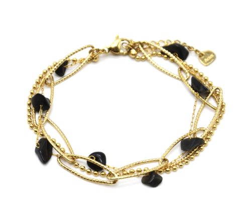 Bracelet-Triple-Chaines-Maillons-Larges-Billes-Acier-Dore-et-Pierres-Noires