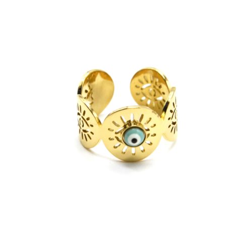 Bague-Large-Multi-Cercles-Motif-Oeil-Acier-Dore-et-Pierre-Bleue