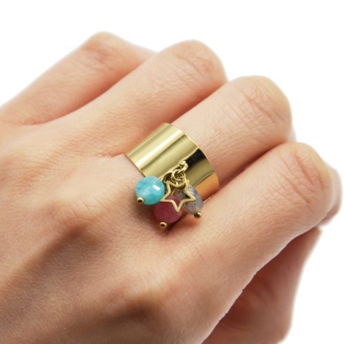 Bague-Large-avec-Pampilles-Etoile-Acier-Dore-et-Pierres-Multicolores