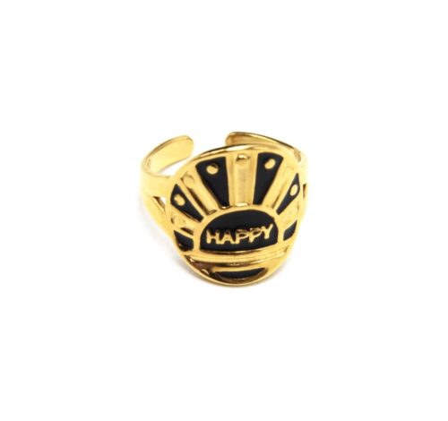 Bague-Medaille-Email-Noir-Motif-Soleil-et-Happy-Acier-Dore