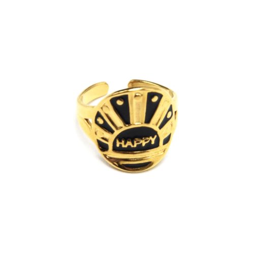 Bague-Medaille-Email-Noir-Motif-Soleil-et-Happy-Acier-Dore