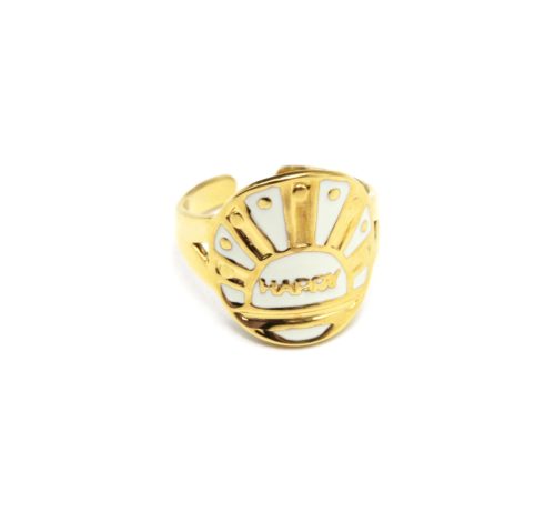 Bague-Medaille-Email-Ecru-Motif-Soleil-et-Happy-Acier-Dore