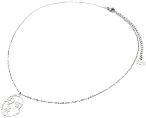 Collier-Fine-Chaine-Pendentif-Visage-Contour-Martele-Acier-Argente