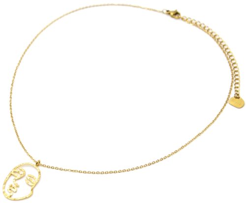 Collier-Fine-Chaine-Pendentif-Visage-Contour-Martele-Acier-Dore
