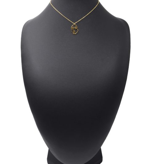 Collier-Fine-Chaine-Pendentif-Visage-Contour-Martele-Acier-Dore