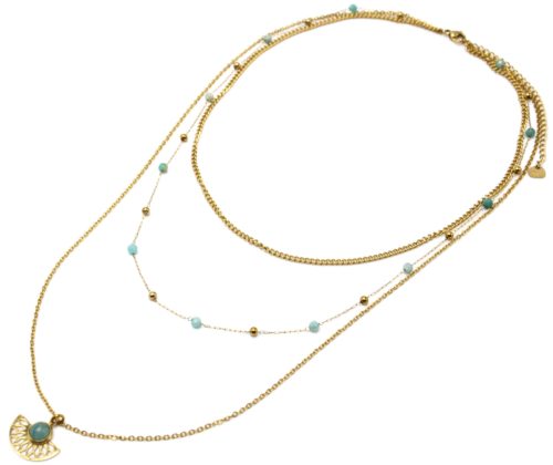 Collier-Triple-Chaines-Perles-Billes-avec-Demi-Rosace-Acier-Dore-et-Pierre-Verte