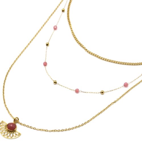 Collier-Triple-Chaines-Perles-Billes-avec-Demi-Rosace-Acier-Dore-et-Pierre-Rose