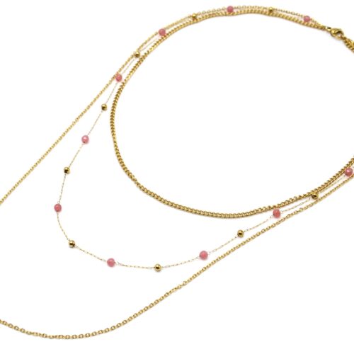 Collier-Triple-Chaines-Perles-Billes-avec-Demi-Rosace-Acier-Dore-et-Pierre-Rose
