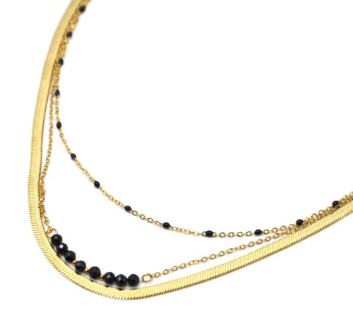 Collier-Triple-Chaines-Serpentine-Acier-Dore-Mini-Perles-et-Pierres-Noires
