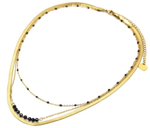 Collier-Triple-Chaines-Serpentine-Acier-Dore-Mini-Perles-et-Pierres-Noires