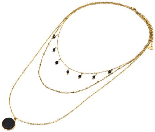 Collier-Triple-Chaines-Acier-Dore-avec-Perles-et-Pierre-Ronde-Noire