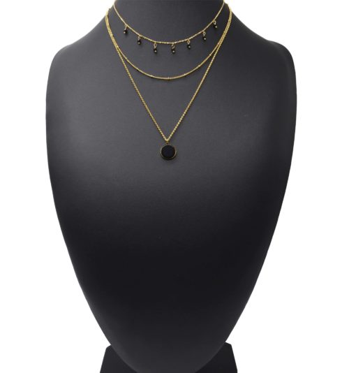 Collier-Triple-Chaines-Acier-Dore-avec-Perles-et-Pierre-Ronde-Noire