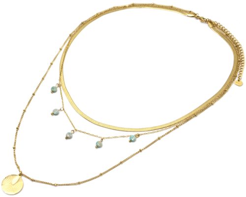 Collier-Triple-Chaines-Billes-Serpentine-avec-Medaille-Acier-Dore-et-Pierres-Vertes