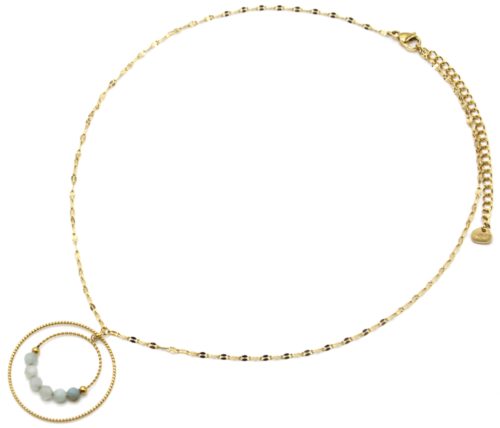 Collier-Fine-Chaine-Maillons-avec-Double-Cercles-Acier-Dore-et-Pierres-Vertes