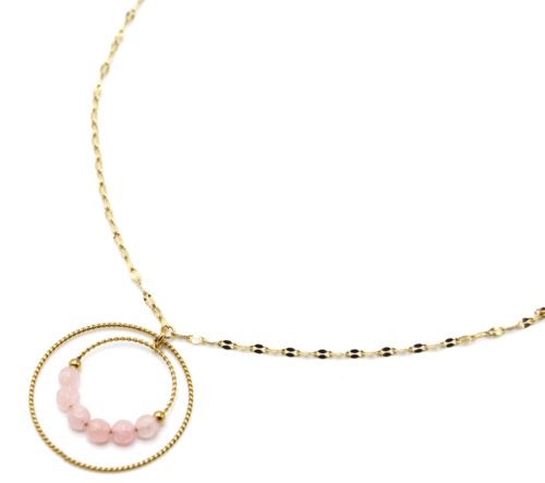 Collier-Fine-Chaine-Maillons-avec-Double-Cercles-Acier-Dore-et-Pierres-Roses