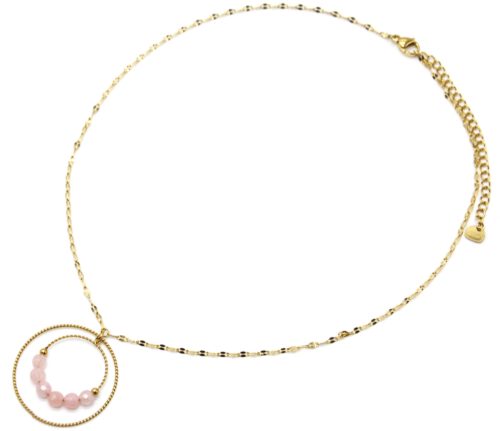 Collier-Fine-Chaine-Maillons-avec-Double-Cercles-Acier-Dore-et-Pierres-Roses