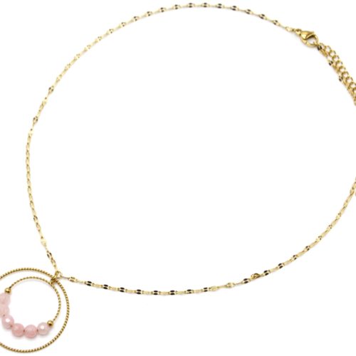 Collier-Fine-Chaine-Maillons-avec-Double-Cercles-Acier-Dore-et-Pierres-Roses