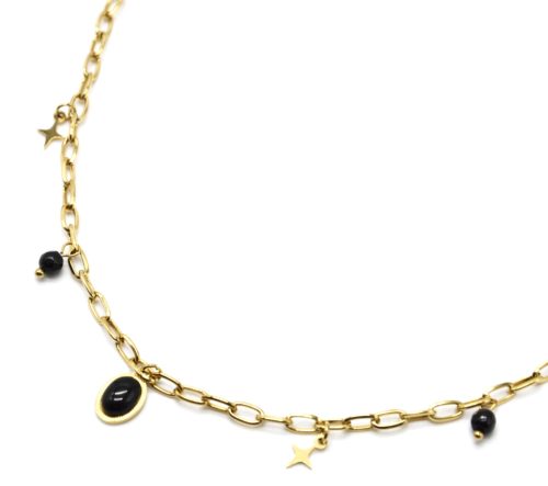 Collier-Chaine-Maillons-avec-Etoiles-Acier-Dore-Perles-et-Pierre-Ovale-Noire