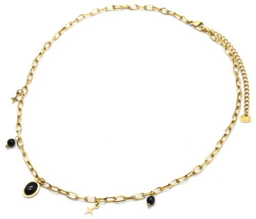 Collier-Chaine-Maillons-avec-Etoiles-Acier-Dore-Perles-et-Pierre-Ovale-Noire