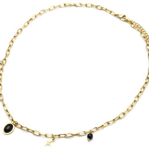 Collier-Chaine-Maillons-avec-Etoiles-Acier-Dore-Perles-et-Pierre-Ovale-Noire