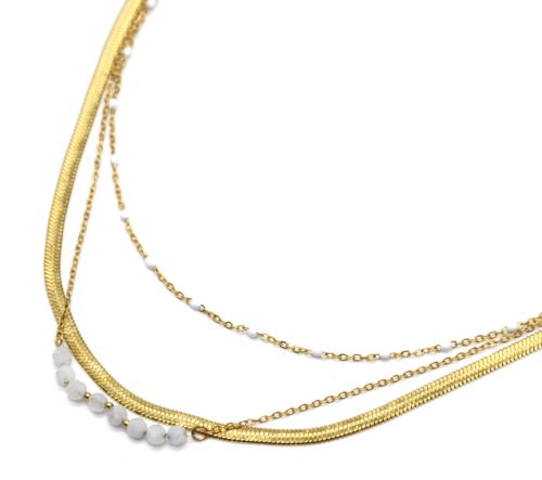 Collier-Triple-Chaines-Serpentine-Acier-Dore-Perles-Email-et-Pierres-Blanches