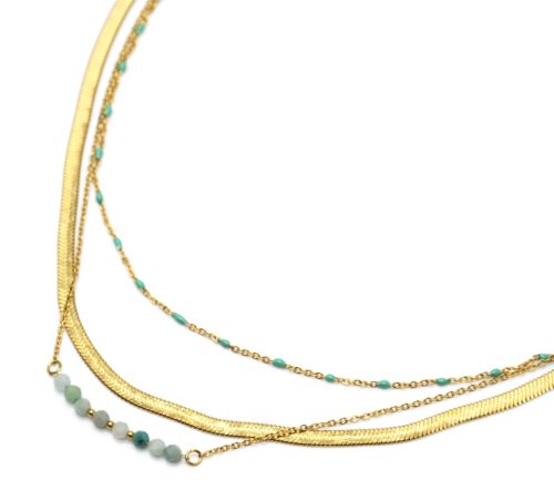 Collier-Triple-Chaines-Serpentine-Acier-Dore-Perles-Email-et-Pierres-Vertes