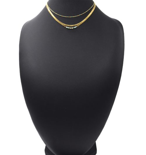 Collier-Triple-Chaines-Serpentine-Acier-Dore-Perles-Email-et-Pierres-Vertes